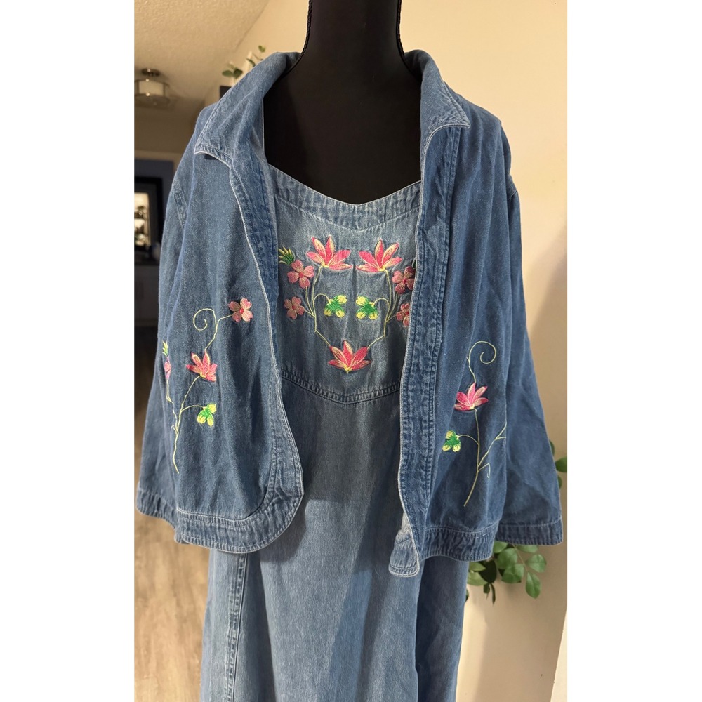 Roamans Vintage Denim 2 Piece Set Embroidered Floral Maxi Dress Jacket Blue B0 - Picture 1 of 7